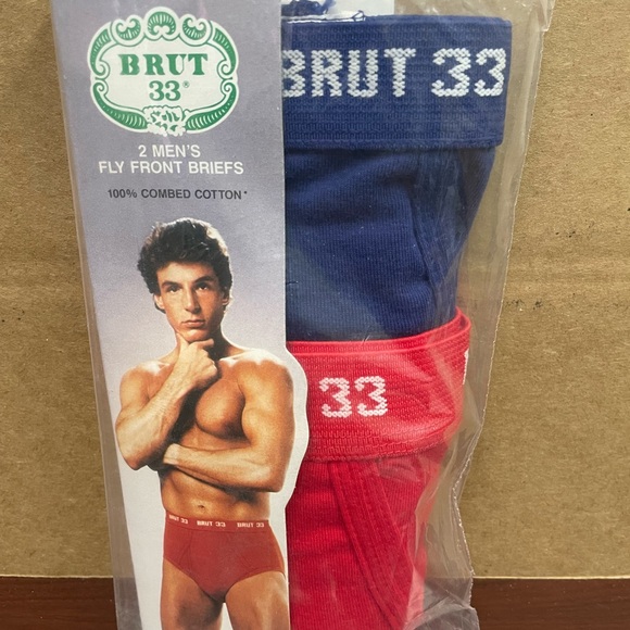 Vintage Brut 33 Size Small Fly Front Briefs NOS 2 Pair Pack Blue Red Underwear - Picture 1 of 6